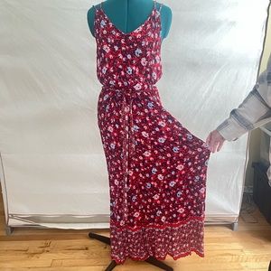 Red White And Blue Floral Maxi Dress With Double Strap and Sash Tie